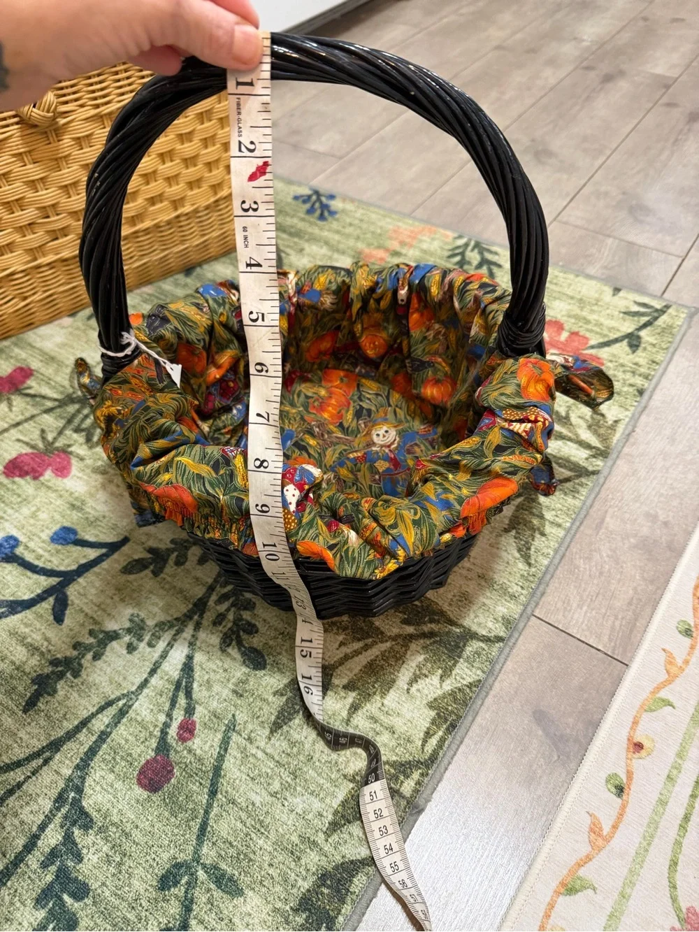 Vintage Autumn Fabric Lined Black Wicker Basket Colorful Autumn Primitives